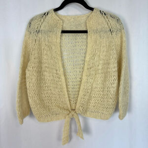 Vintage sweater Cardigan Handknit Cream Women's S-M Tie Waist Loose Knit Open